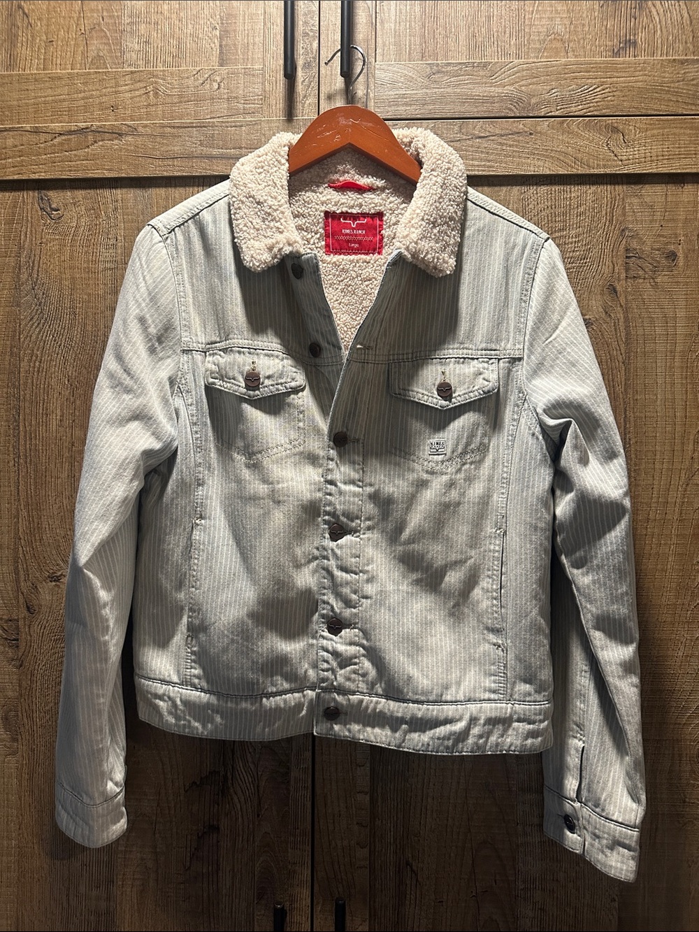 Kimes Ranch Faded Denim Striped Faux Sherpa-Lined Denim Jacket